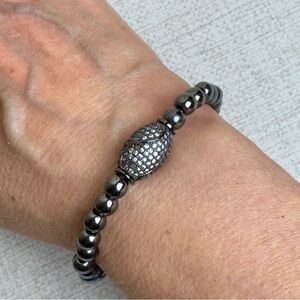 Hematite Bead Stretch Bracelet with Pave CZ focal bead